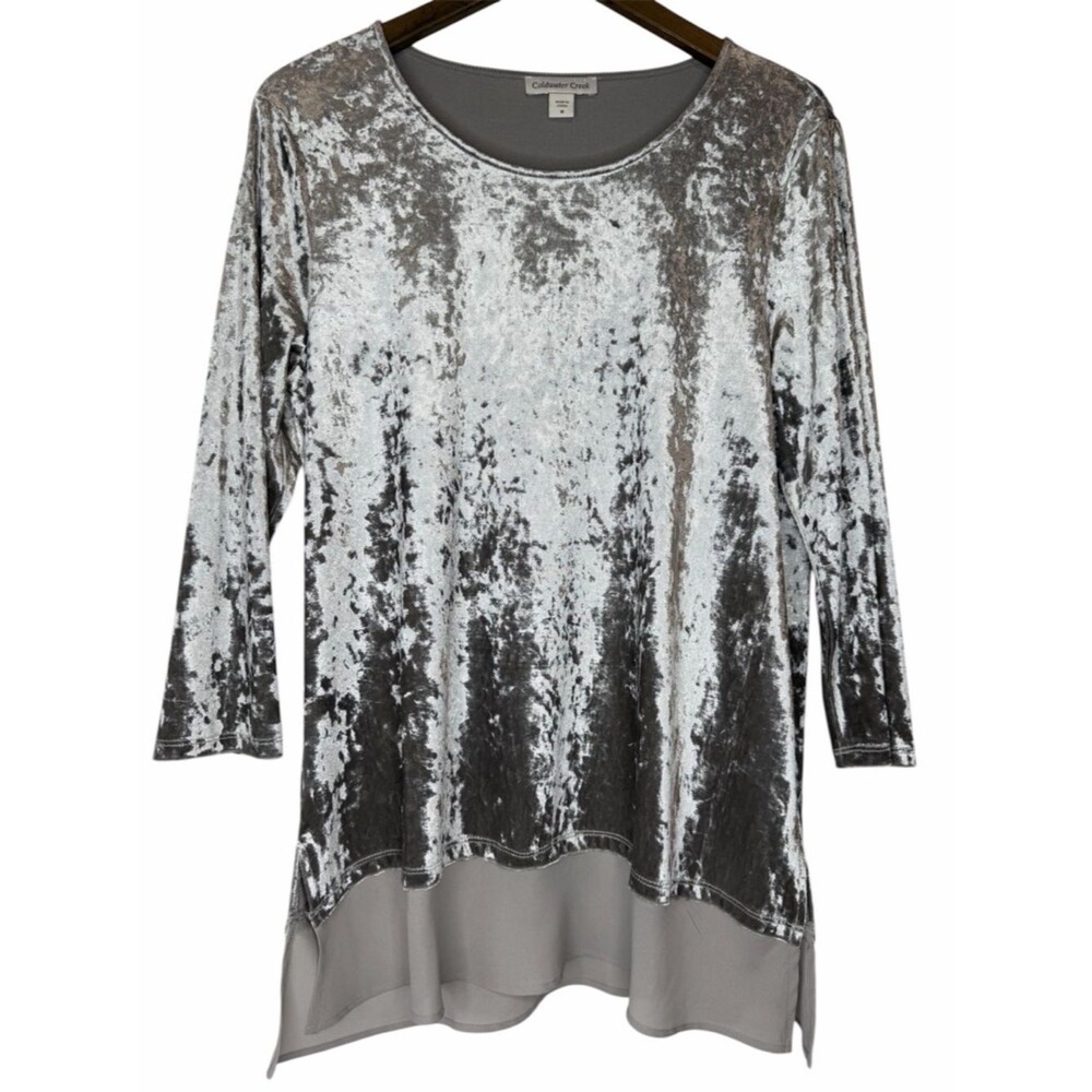 Coldwater Creek Velvet Pullover Tunic Top size Medium Silver Gray 3/4 Sleeve